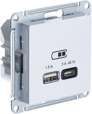 Розетка USB type-C и USB type-A, 45 Вт быстрая зарядка, двойная, Schneider Electric Atlas Design, цвет белый