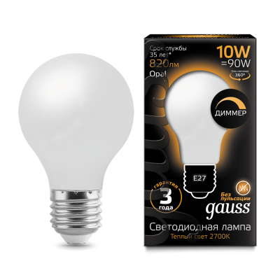 Gauss Лампа Filament А60 10W 820lm 2700К Е27 milky диммируемая LED