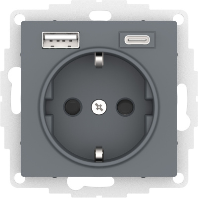 Электрическая розетка с USB type-C и USB type-A Schneider Electric Atlas Design, цвет грифель