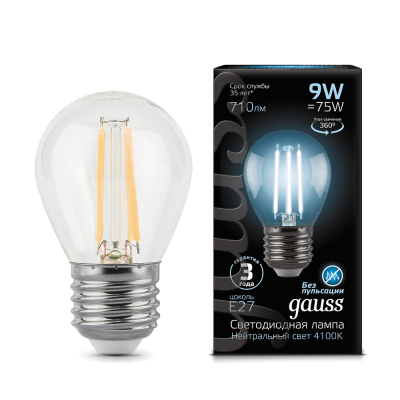 Gauss Лампа Filament Шар 9W 710lm 4100К Е27 LED