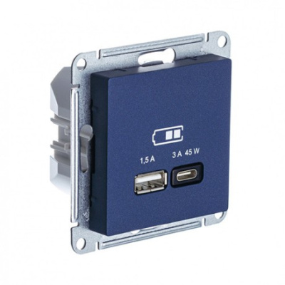 ATLASDESIGN USB РОЗЕТКА A + тип-C 45Вт высокоскор.заряд. QC,PD, механизм, АКВАМАРИН