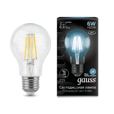 Gauss Лампа Filament А60 6W 630lm 4100К Е27 LED