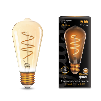 Gauss Лампа Filament ST64 6W 360lm 2400К Е27 golden flexible LED
