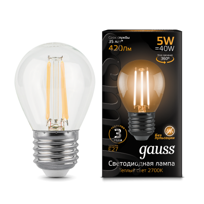 Gauss Лампа Filament Шар 5W 420lm 2700К Е27 LED