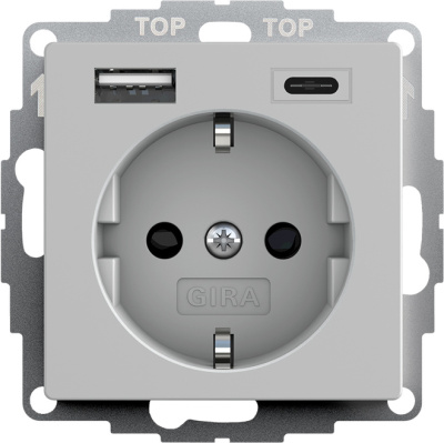 Электрическая розетка с USB type-A и USB type-C Gira E2, цвет серый матовый