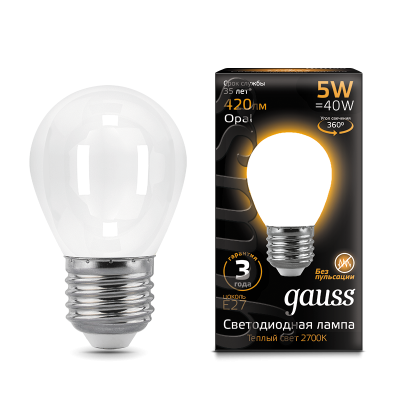 Gauss Лампа Filament Шар 5W 420lm 2700К Е27 milky LED