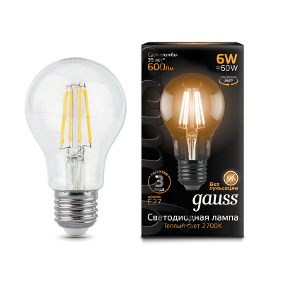 Gauss Лампа Filament А60 6W 600lm 2700К Е27 LED