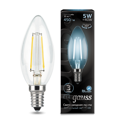 Gauss Лампа Filament Свеча 5W 450lm 4100К Е14 LED