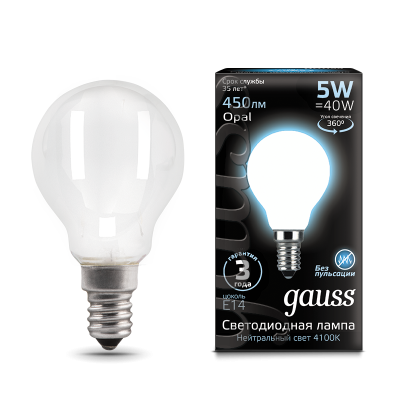 Gauss Лампа Filament Шар 5W 450lm 4100К Е14 milky LED