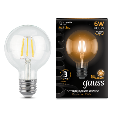 Gauss Лампа Filament G95 6W 630lm 2700К Е27 LED