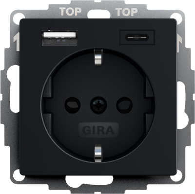 Электрическая розетка с USB type-A и USB type-C Gira ClassiX, ClassiX Art, E2, Esprit, Studio, цвет черный матовый