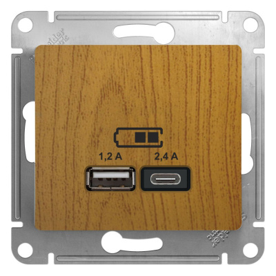 SE Glossa Дерево Дуб Розетка USB A+С, 5В/2,4А, 2х5В/1,2А