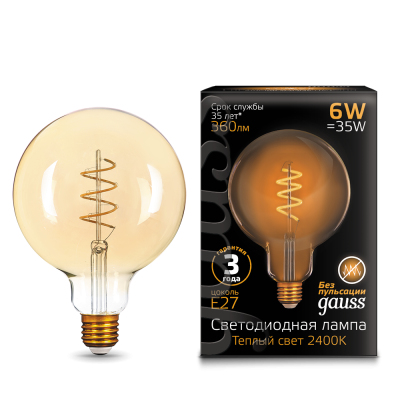 Gauss Лампа Filament G125 6W 360lm 2400К Е27 golden flexible LED