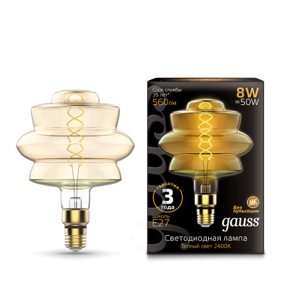 Gauss Лампа Filament BD180 8W 560lm 2400К Е27 golden flexible LED