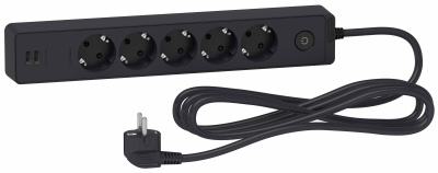 SE Unica Extend Черный Удлинитель 5 розеток 2К+З, кабель 3м, 2 USB