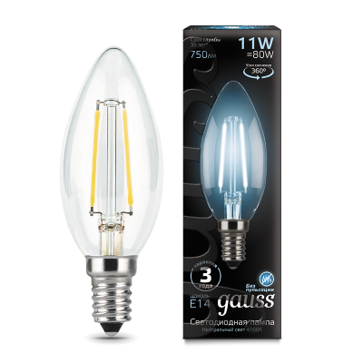 Gauss Лампа Filament Свеча 11W 830lm 4100К Е14 LED