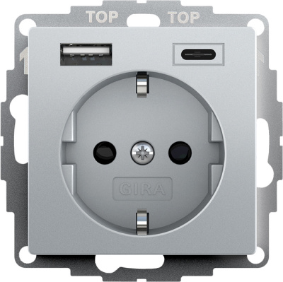 Электрическая розетка с USB type-A и USB type-C Gira E2, Esprit, Event, цвет алюминий