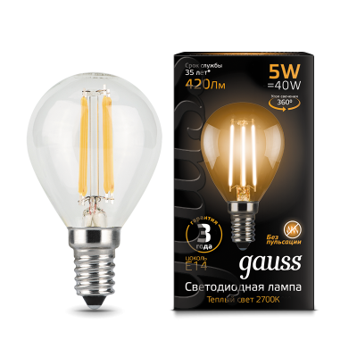 Gauss Лампа Filament Шар 5W 420lm 2700К Е14 LED