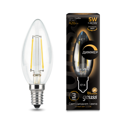 Gauss Лампа Filament Свеча 5W 420lm 2700К Е14 диммируемая LED