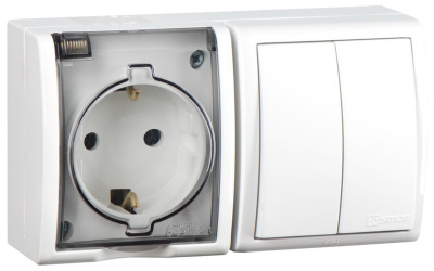 Блок из розетки с крышкой и выключателя двухклавишного Simon 15 Aqua IP 54, цвет белый