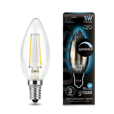 Gauss Лампа Filament Свеча 5W 450lm 4100К Е14 диммируемая LED