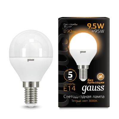 Gauss Лампа Шар 9.5W 890lm 3000K E14 LED