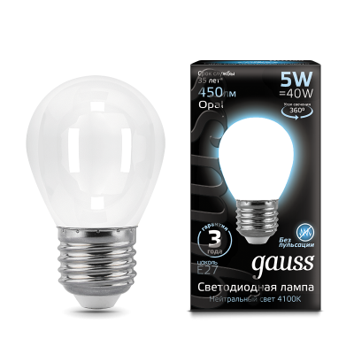 Gauss Лампа Filament Шар 5W 450lm 4100К Е27 milky LED