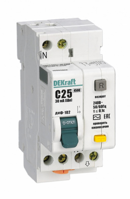 DEKraft ДИФ-102 Дифференциальный автоматический выключатель 1Р+N 25А 30мА тип AC (С) 4,5кА