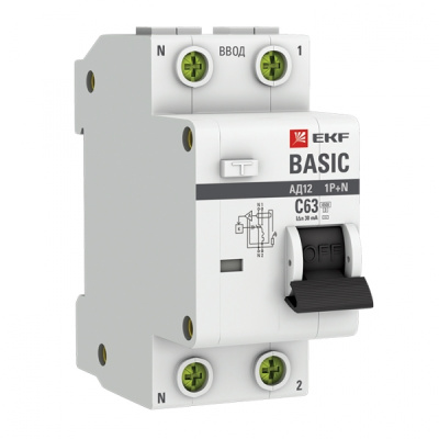 Автоматический выключатель дифференциального тока 1P+N 63А 30мА тип АС х-ка C эл, 4,5кА АД-12  Basic